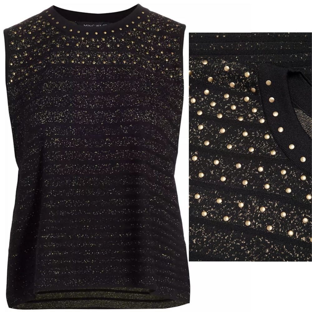 NWT Ming Wang studded sparkle stripe knit top black gold sleeveless evening